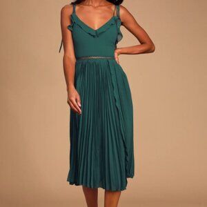 Emerald Green Tie-Strap Pleated Midi Dress - Dry-Cleaned/Never Worn